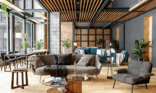 Furniture Showroom With Plants, Spotlights And Brick Wall