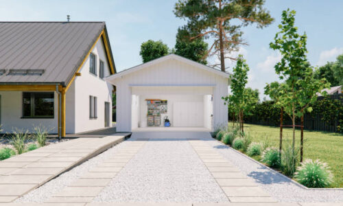Open door of a modern garage with a concrete driveway at the urban district.