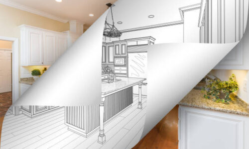 Kitchen Drawing Page Corners Flipping with Photo Behind.