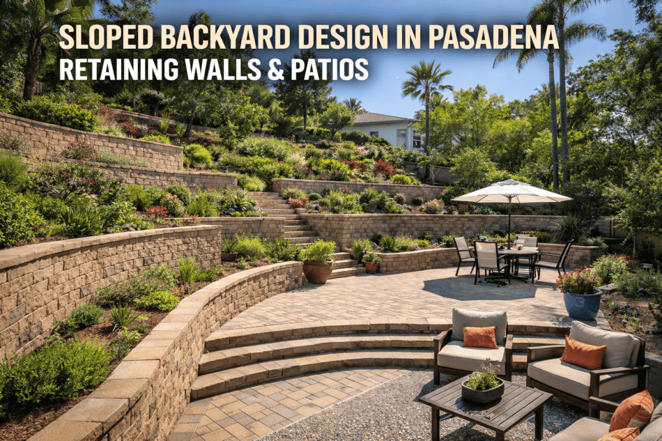 Sloped Backyard Design in Pasadena: Retaining Walls & Patios